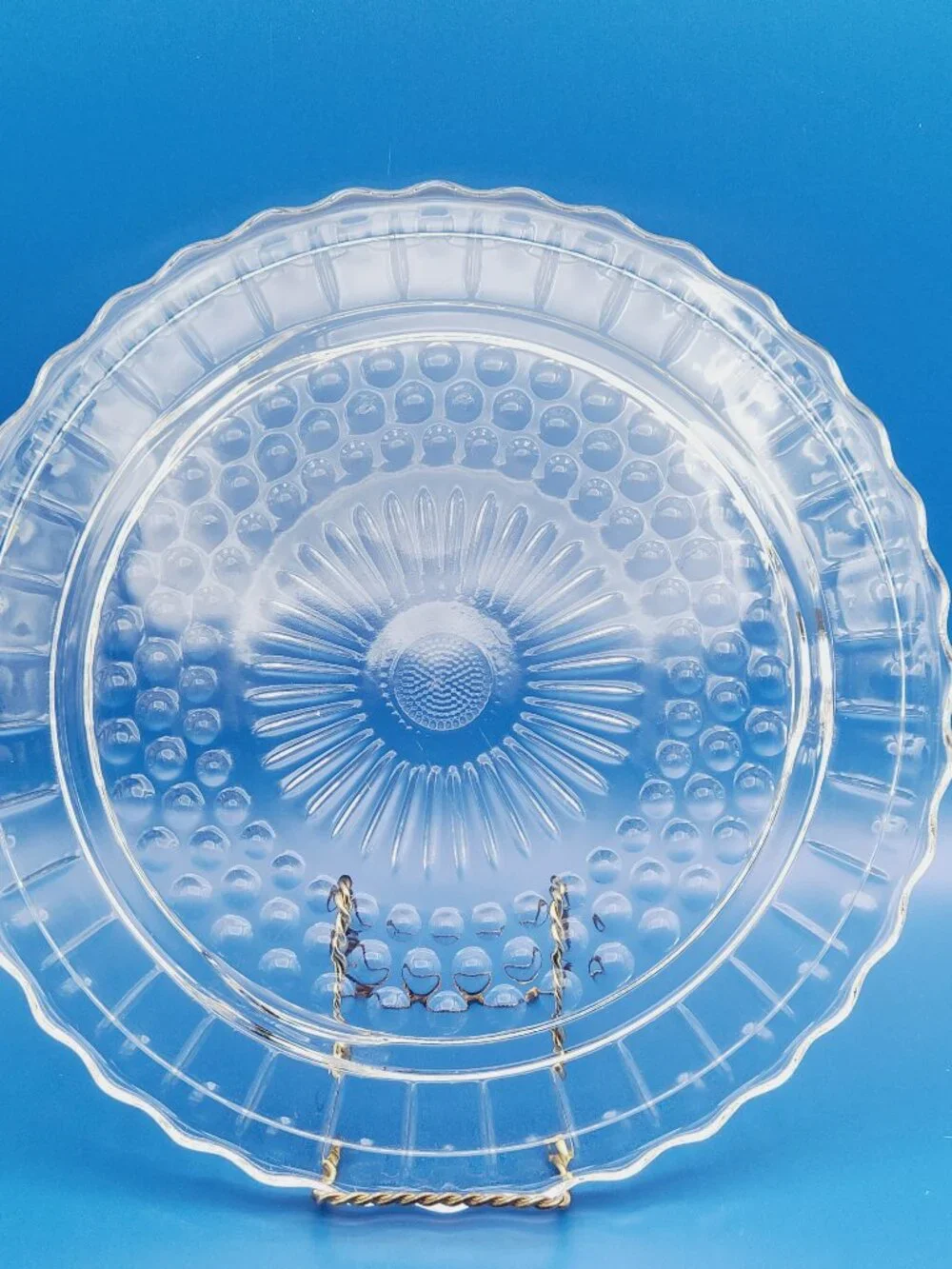 Federal Glass Vintage 3 Toed Cake Plate 2889 Sunburst Scalloped 11.5